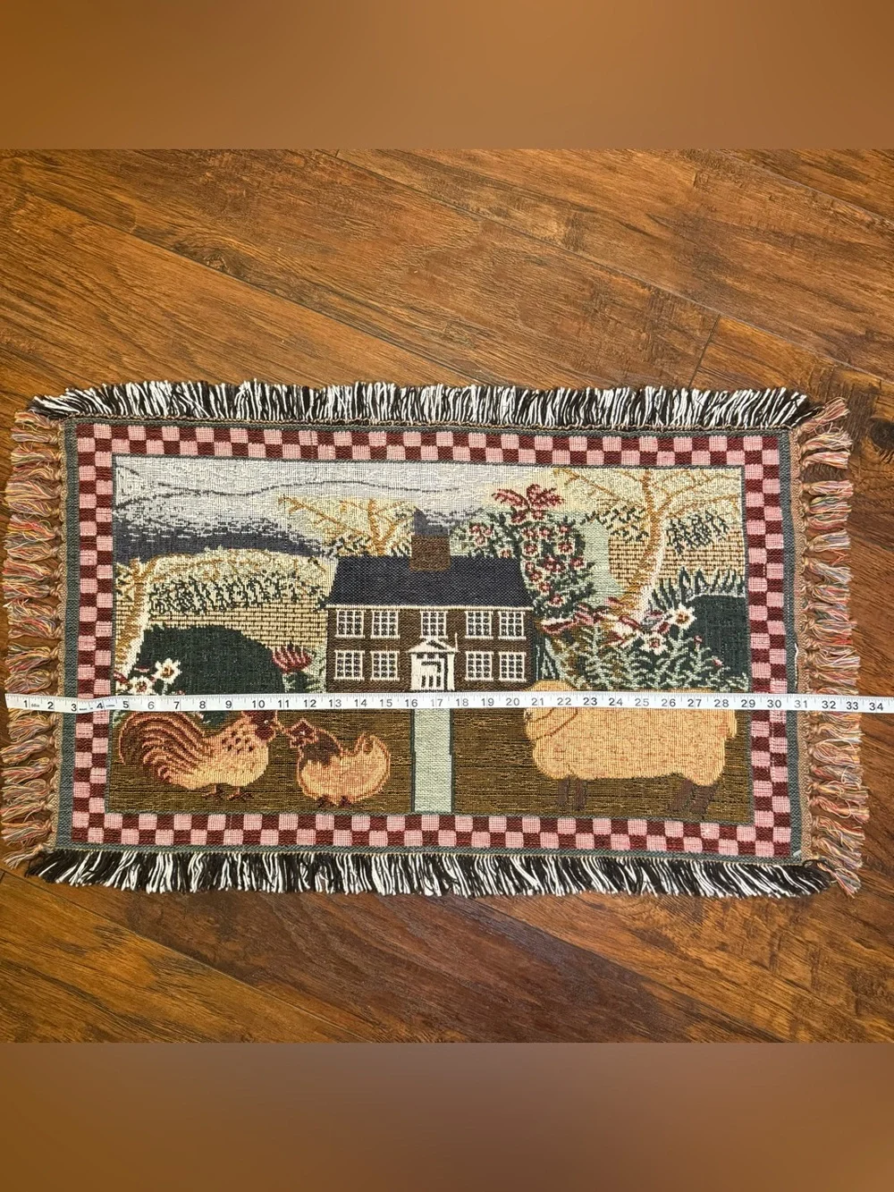 Cottagecore Farmhouse Rug Woven Folk Art Sheep Chicken Rustic Heritage Grandma
